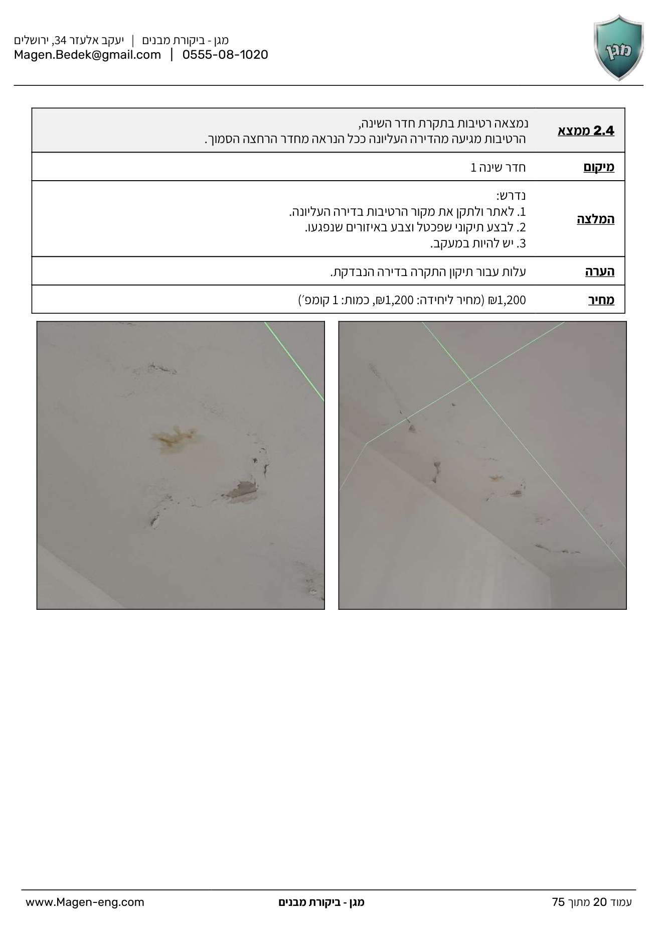 עמוד מתוך דוח לדוגמה - רטיבות בתקרת חדר שינה